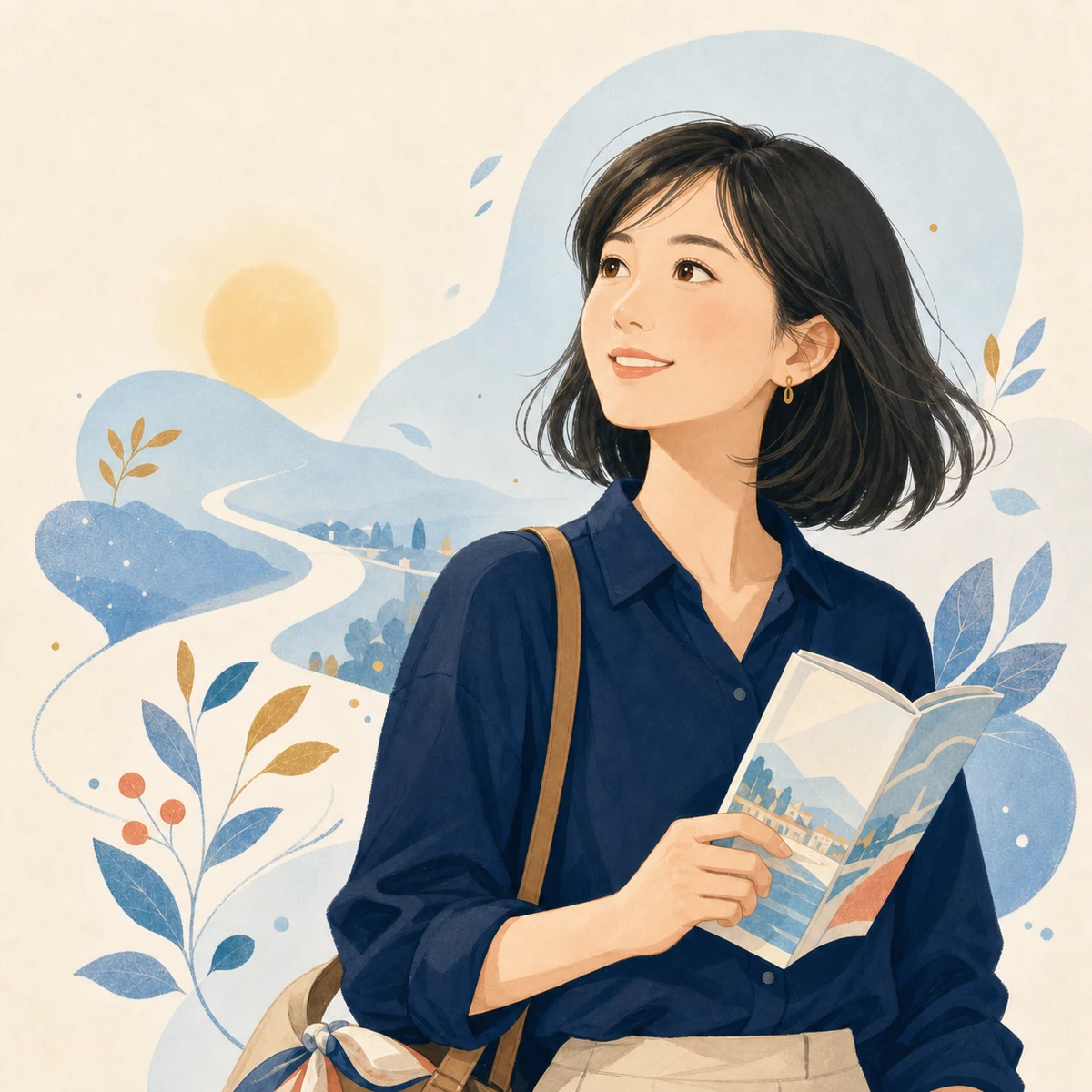 よく見える景色と旅を楽しむ女性のイラスト